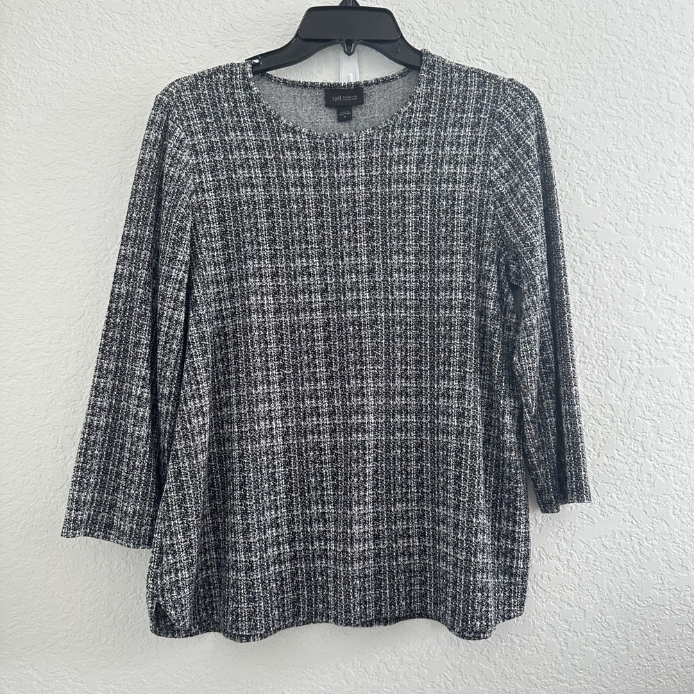 J Jill Wearever Collection Top Women's Black Gray Plaid 3/4 Sleeve Mature Granny